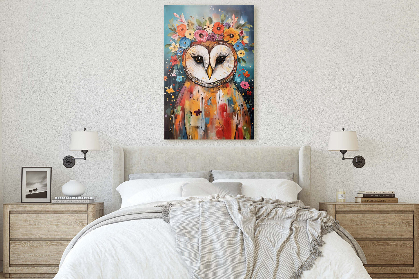 Owl Canvas Art, Modern Colorful, Contemporary Art, Ready To Hang, Large Print, Landscape Painting, Barn Owl