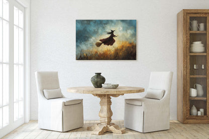 Flying Witch, Witch on Broomstick, Whimsical Decor, Full Moon,Halloween Art, Fall Harvest, Cloudy