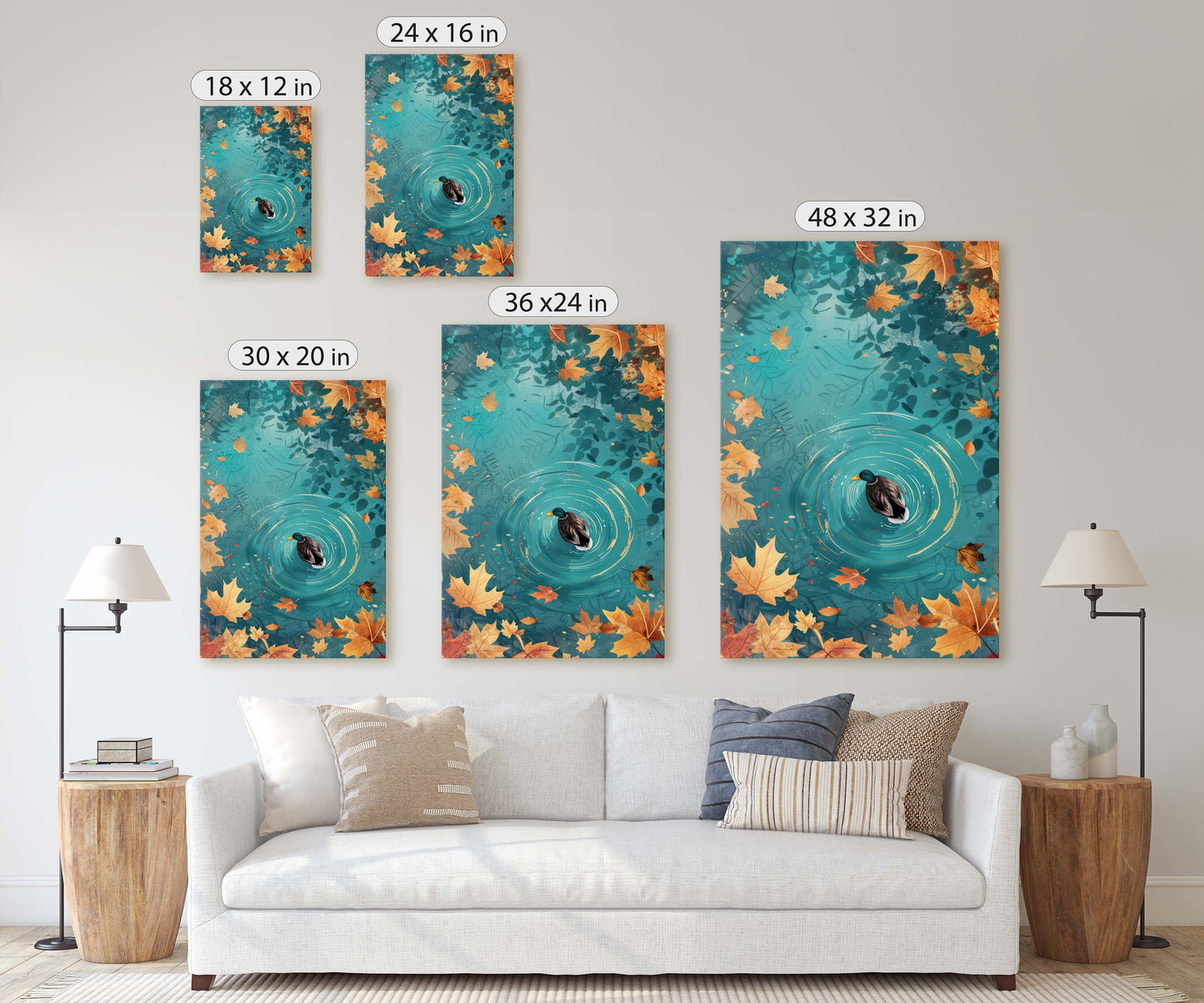 Mallard Duck Fall, Duck in Lake, Framed Canvas, Fall Season, Large Art print, Vertical Print, Leaves in Lake, Tranquil Decor