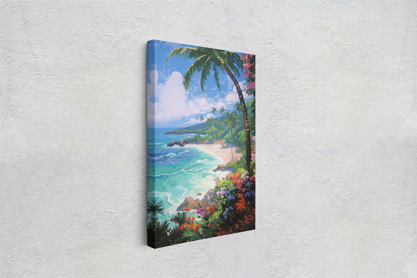 Flower Beach on Canvas, Coastal Painting, Palm Tree, Tropical Island, Framed Canvas, Palm Coast, Green Water, Blue Water