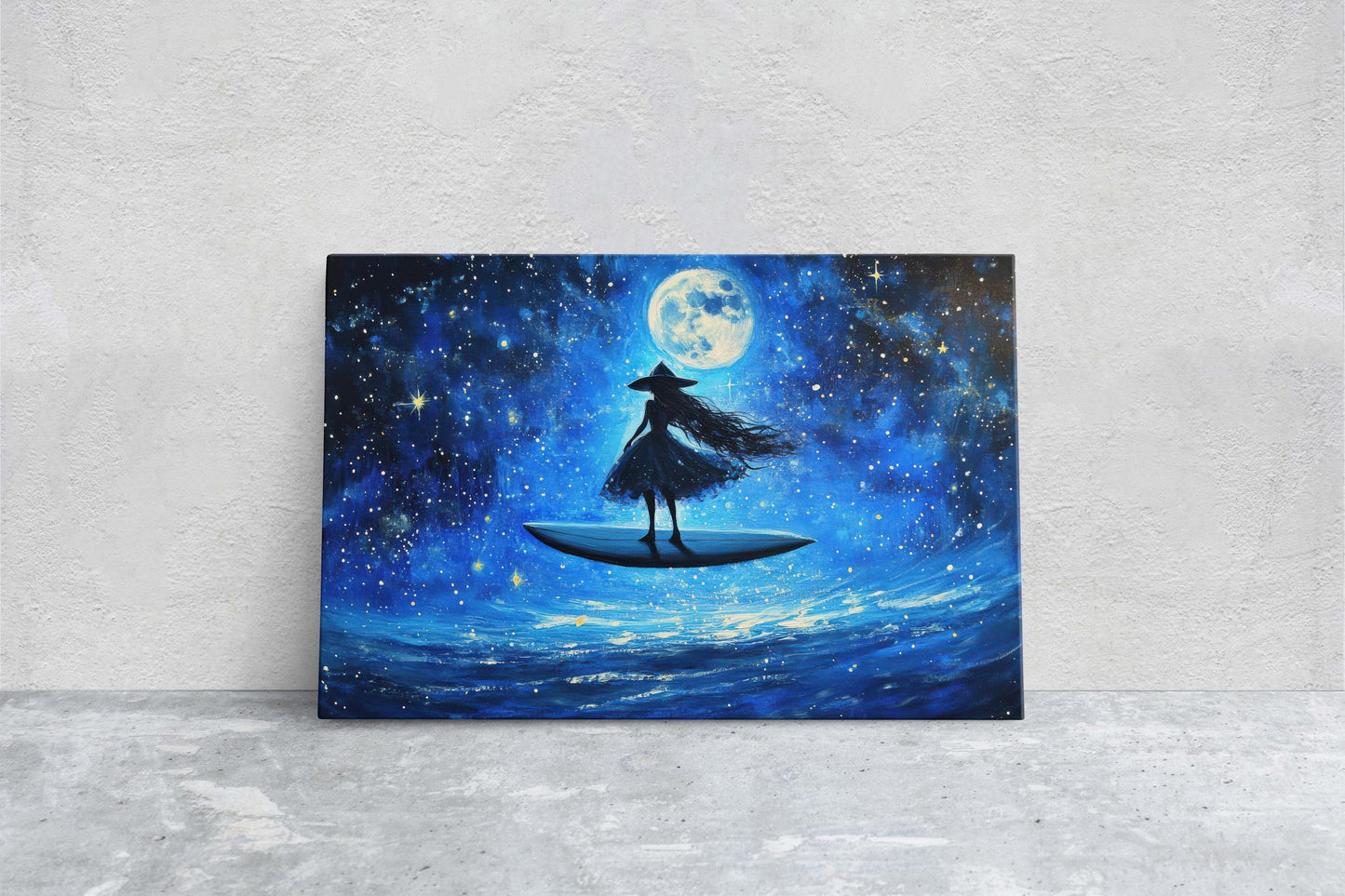 Surfing Witch, Flywing Witch, Halloween Art,  Full Moon, Blue Ocean, Whimsical Art, Fun Halloween, Whimsy