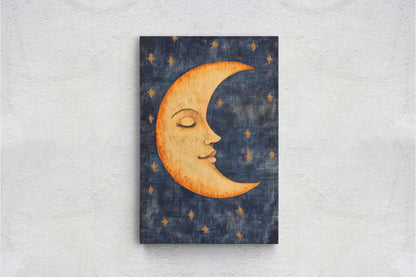 Vintage Moon Sleeping, Moon Face Painting, Retro Art, Moon in Sky