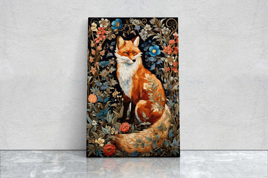 Fox William Morris, Inspired William Morris, Framed Canvas, Extra Large Print, Cottagecore, Forest Botanical, Floral Art,Art Nouveau Print