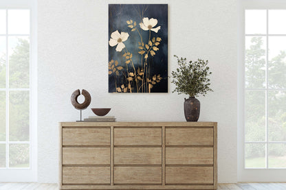 White Flowers, Indigo and Gold, Black and Gold, Wildflowers, Floral Painting, Framed Canvas, Large Print, Simple Bold, Contemporary Modern