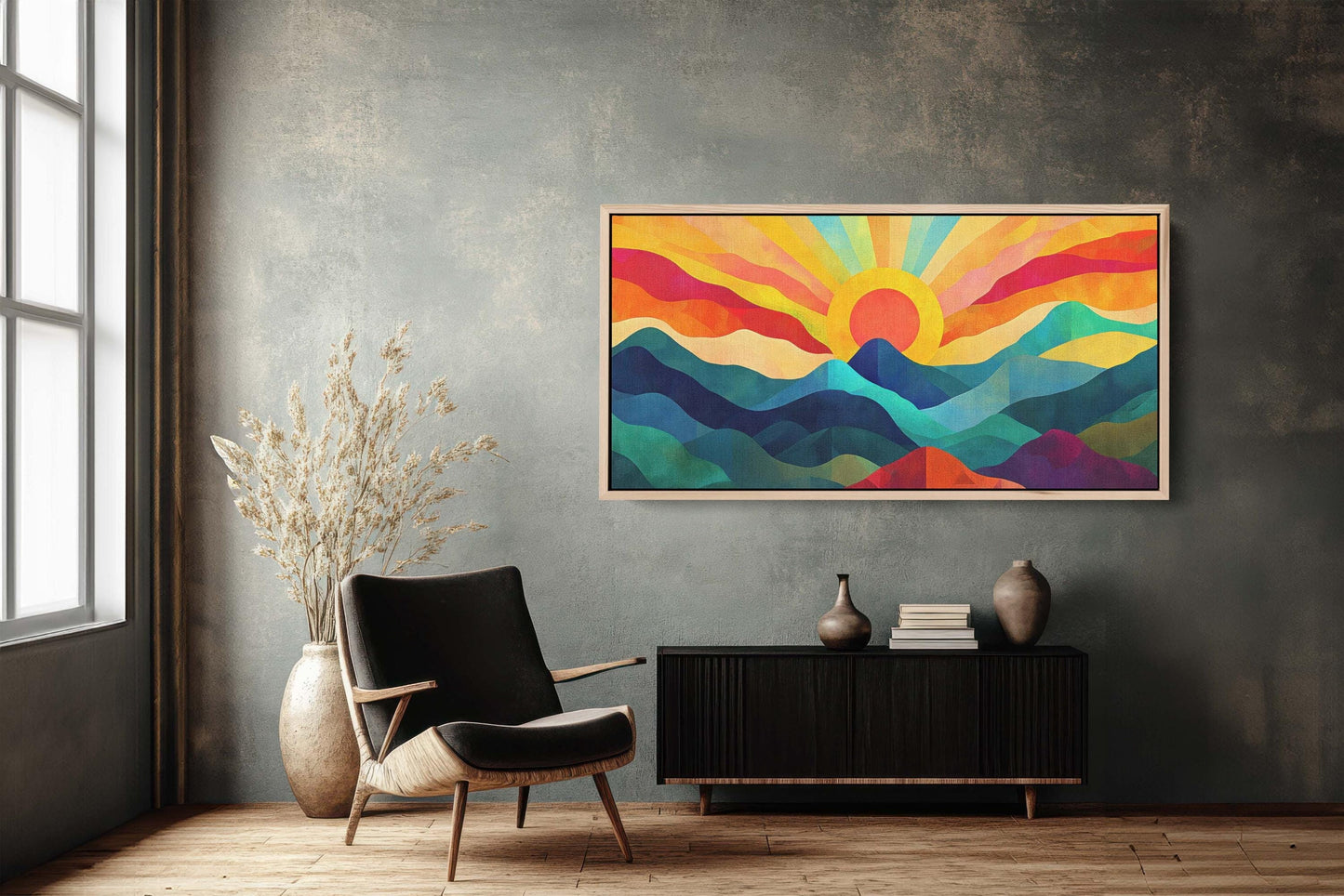 Sunshine Mountain, Canvas Print, Sunset Decor, Flat Art, Vibrant Color, Bold Art, Abstract, Mid Century Modern, Scandinavian Print