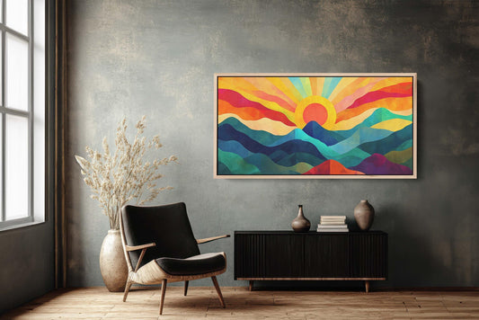Sunshine Mountain, Canvas Print, Sunset Decor, Flat Art, Vibrant Color, Bold Art, Abstract, Mid Century Modern, Scandinavian Print