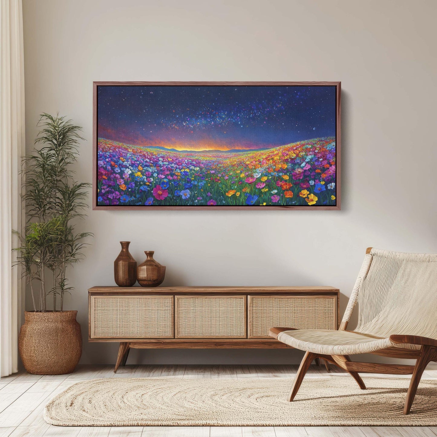Night time Meadow, Canvas Print, Flower Print, Floral Decor, Star Sky, Starry, Wildflowers Decor