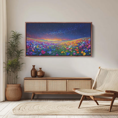 Night time Meadow, Canvas Print, Flower Print, Floral Decor, Star Sky, Starry, Wildflowers Decor
