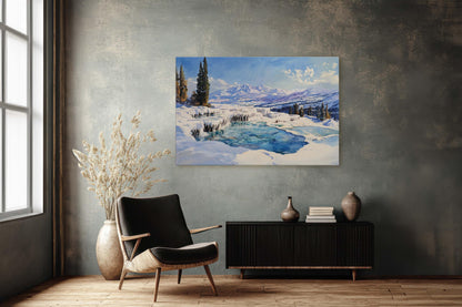 Snow Hot Springs, Winter painting, Scenic Art,  Winter Mountain Print