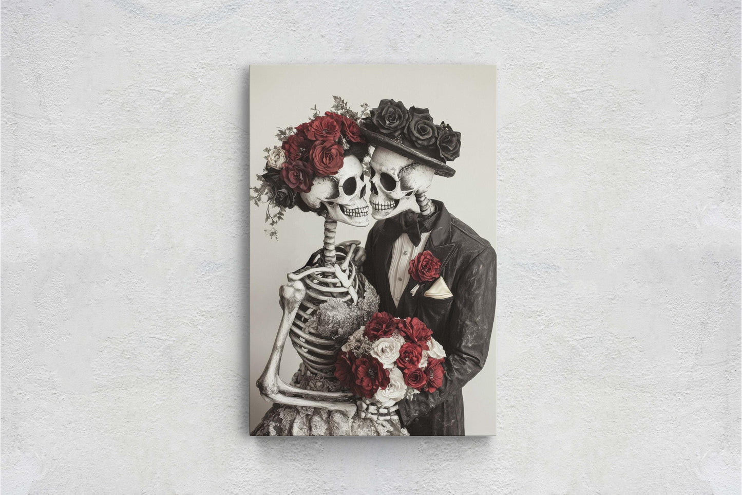 Skeleton Wedding, Bride and Groom, Halloween Decor, Gothic Art, Spooky Art, Bone Marriage