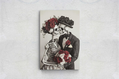 Skeleton Wedding, Bride and Groom, Halloween Decor, Gothic Art, Spooky Art, Bone Marriage