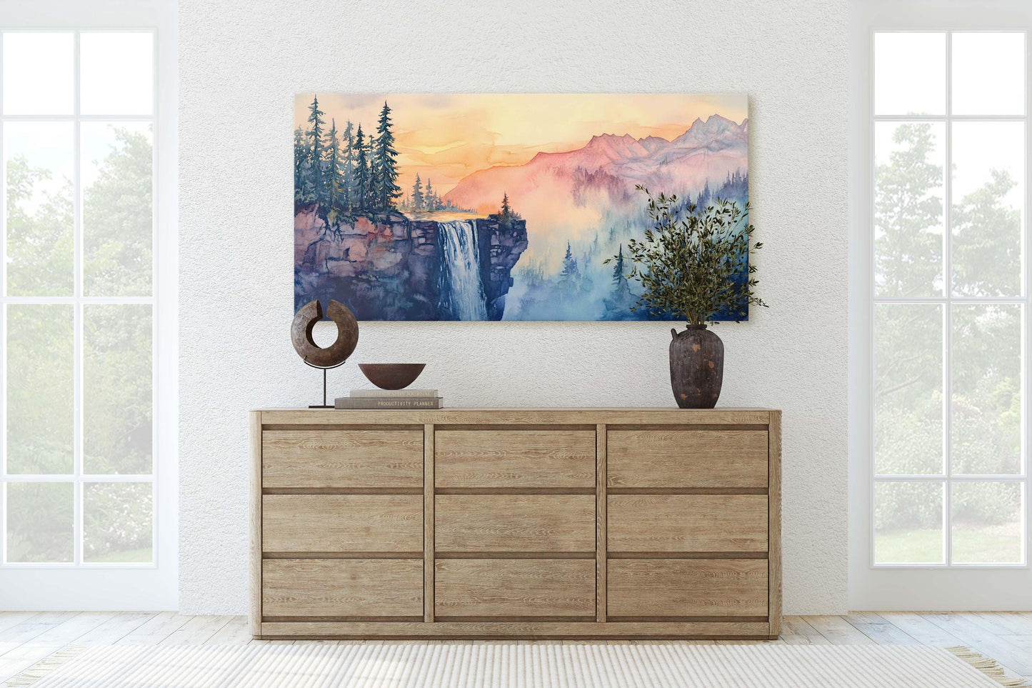 Cliff Waterfall, Watercolor Cliff, Mountain Painting, Scenic Art