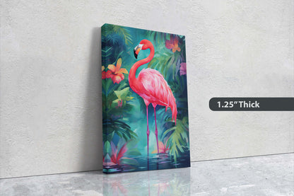 Flamingo on Canvas, Tropical Bird, Botanical Animal, Framed Canvas, Pink Green, Vertical Portrait, Exotic Bird