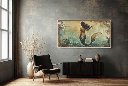 Rustic Mermaid, Faux metal art, Mythical Creature, Ocean Decor, Framed Canvas, Large Art print, Fantasy Painting