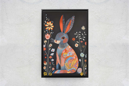 Scandinavian Rabbit, Folk Art, Celestial Art,  Framed Canvas, Dark Print, Nature Print, Whimsical
