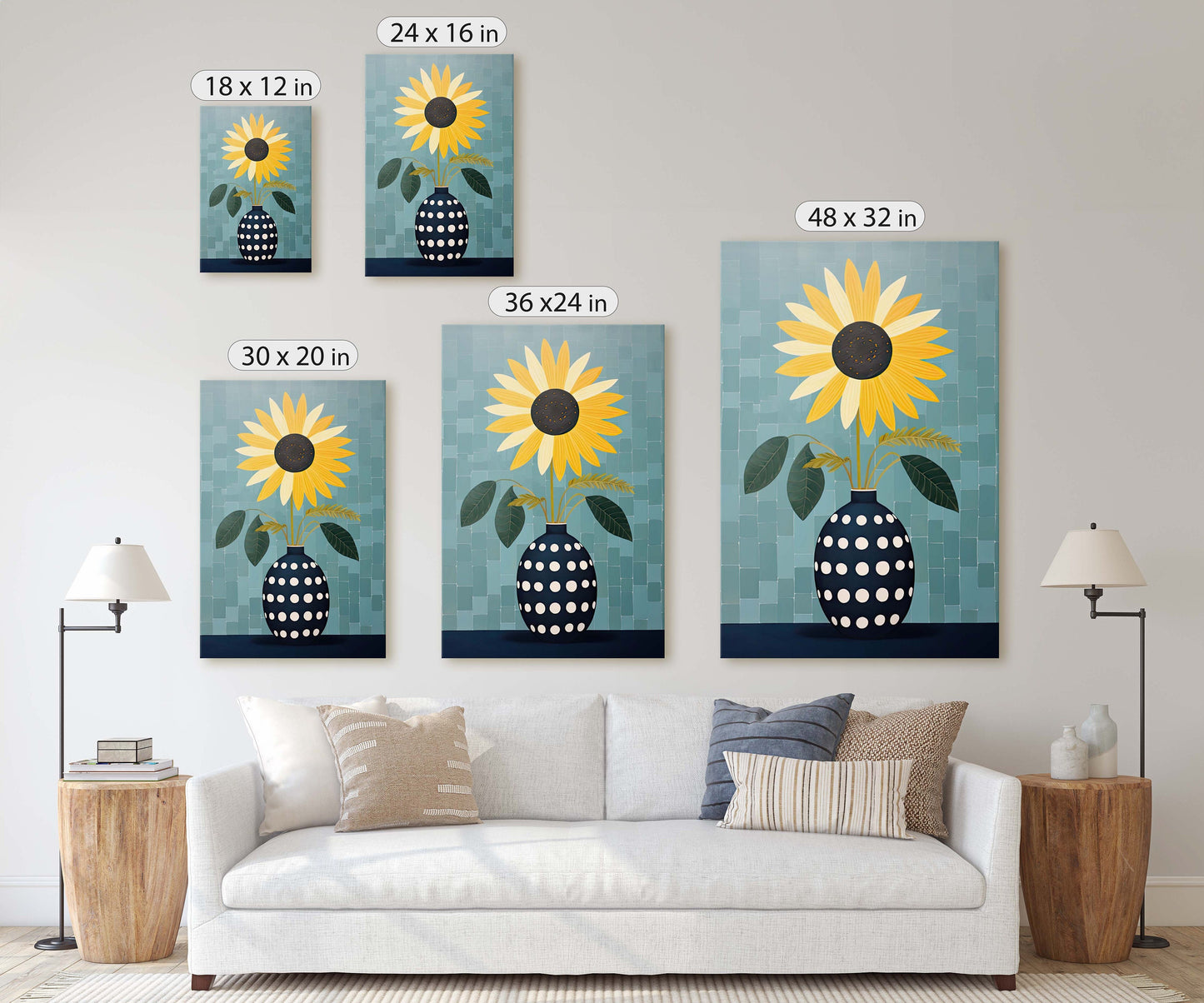 Sunflower Vase, Yellow and Blue, Indigo and Gold, Framed Canvas, Vertical Portrait, Large Art Print, Simple Bold, Contemporary Painting