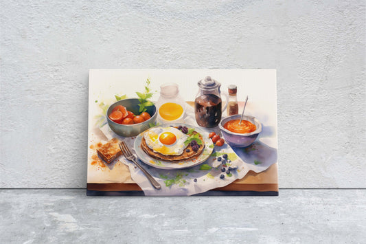 Breakfast Watercolor, Breakfast Painting, Food Art, Kitchen Art, Eggs Pancakes, Coffee, Framed Canvas, Colorful Food Art, Colorful Kitchen