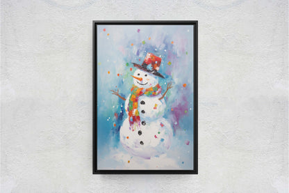 Colorful Snowman, Festive Winter Art, Holiday Decor, Christmas Print, Winter season, Framed Canvas, Snow man