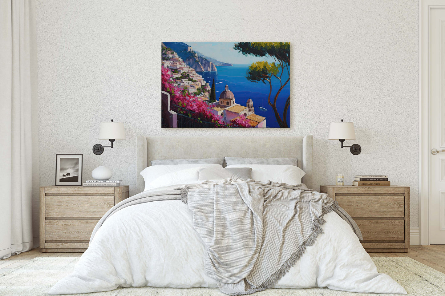 Italy Amalfi Coast, Seaside Coast, Colorful, Flowers Canvas, Coastline, Large Print, Painting, Landscape, Ocean Side, Beautiful View
