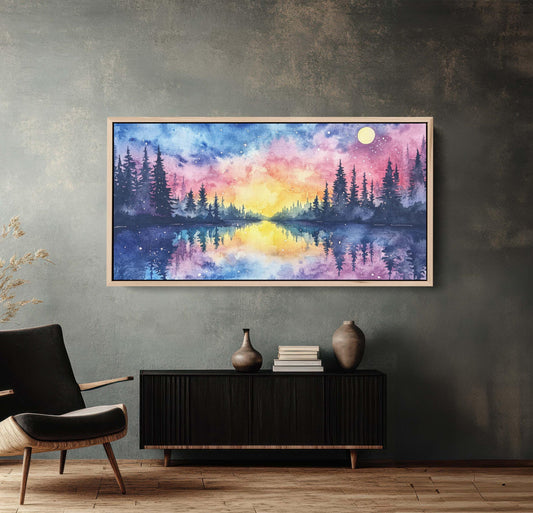 Mystical Lake, Pastel Colors, Watercolor, Ethereal Sky