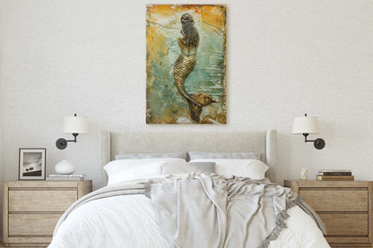 Rustic Mermaid, Faux metal art, Mythical Creature, Ocean Decor, Framed Canvas, Large Art print, Fantasy Painting