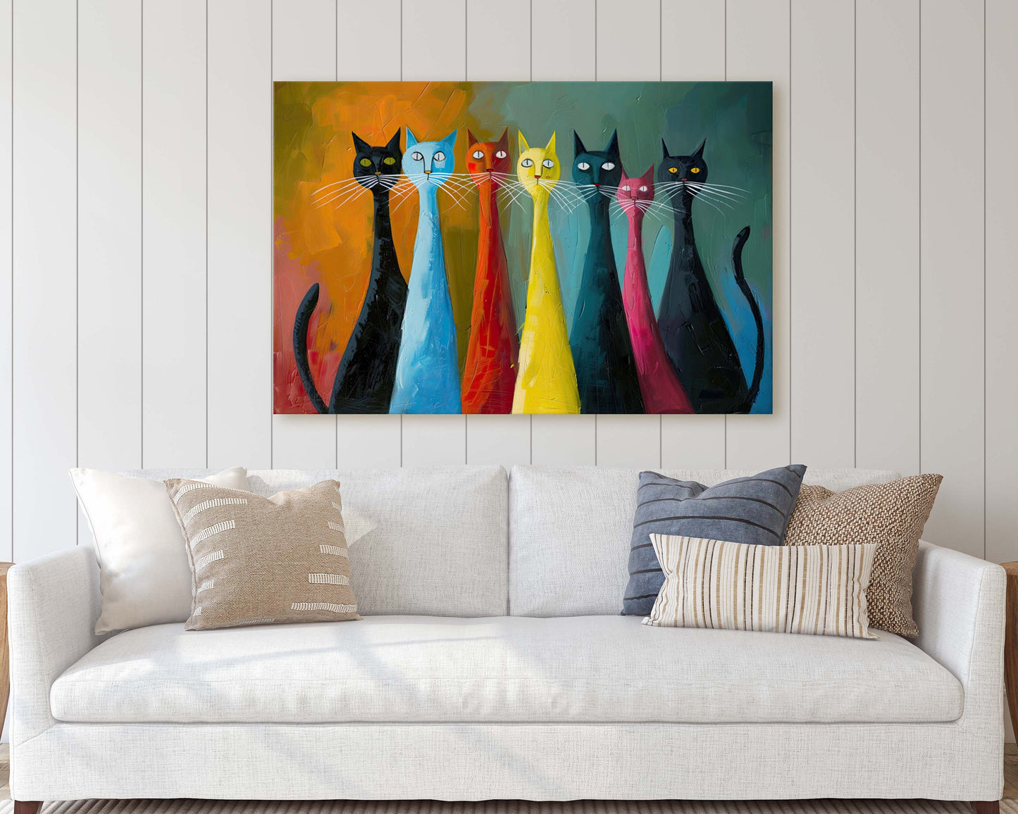 Rainbow Whisker Cats, Cat Lover Art, Large Art Print, Framed Canvas, Abstract Animal, Pastel Color, Colorful, Symbolism, Modern