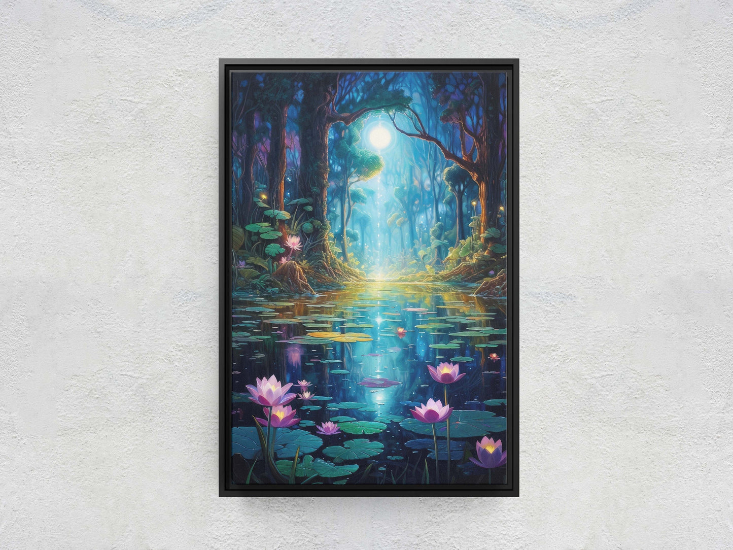 Enchanted Pond, Lamps Night Art, Lantern Forest, Vertical Canvas, Fantasy Decor, Office Art, River Art, Lily Pond, Floating Flower