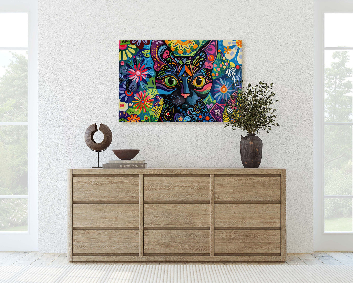 Whimsical Cat Art, Geometric Colorful, Abstract Cat, Pop Art, Large Art Print, Framed Canvas, Black Cat, Cat Lover, Animal Art