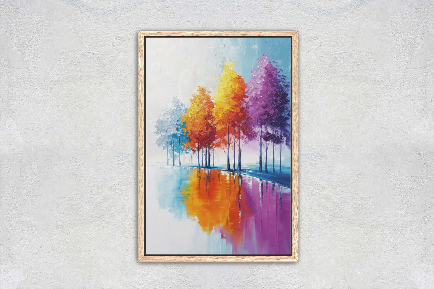 Trees By Lake, Colorful Foliage, Rainbow Trees, Pastel Colors, Blue White, Orange Purple, Framed Canvas, Large Art print