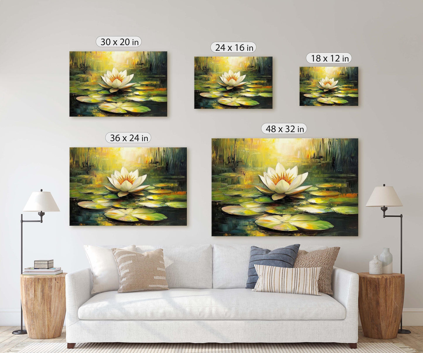 White Lotus Painting, Lily Pad Art, Green Lake, Nature Painting