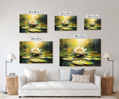 White Lotus Painting, Lily Pad Art, Green Lake, Nature Painting