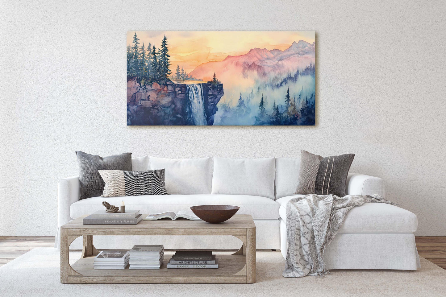 Cliff Waterfall, Watercolor Cliff, Mountain Painting, Scenic Art