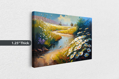 Chamomile Field, White Wildflowers,  Flowers Canvas Art Ready To Hang Large Print, Oil Painting, Landscape