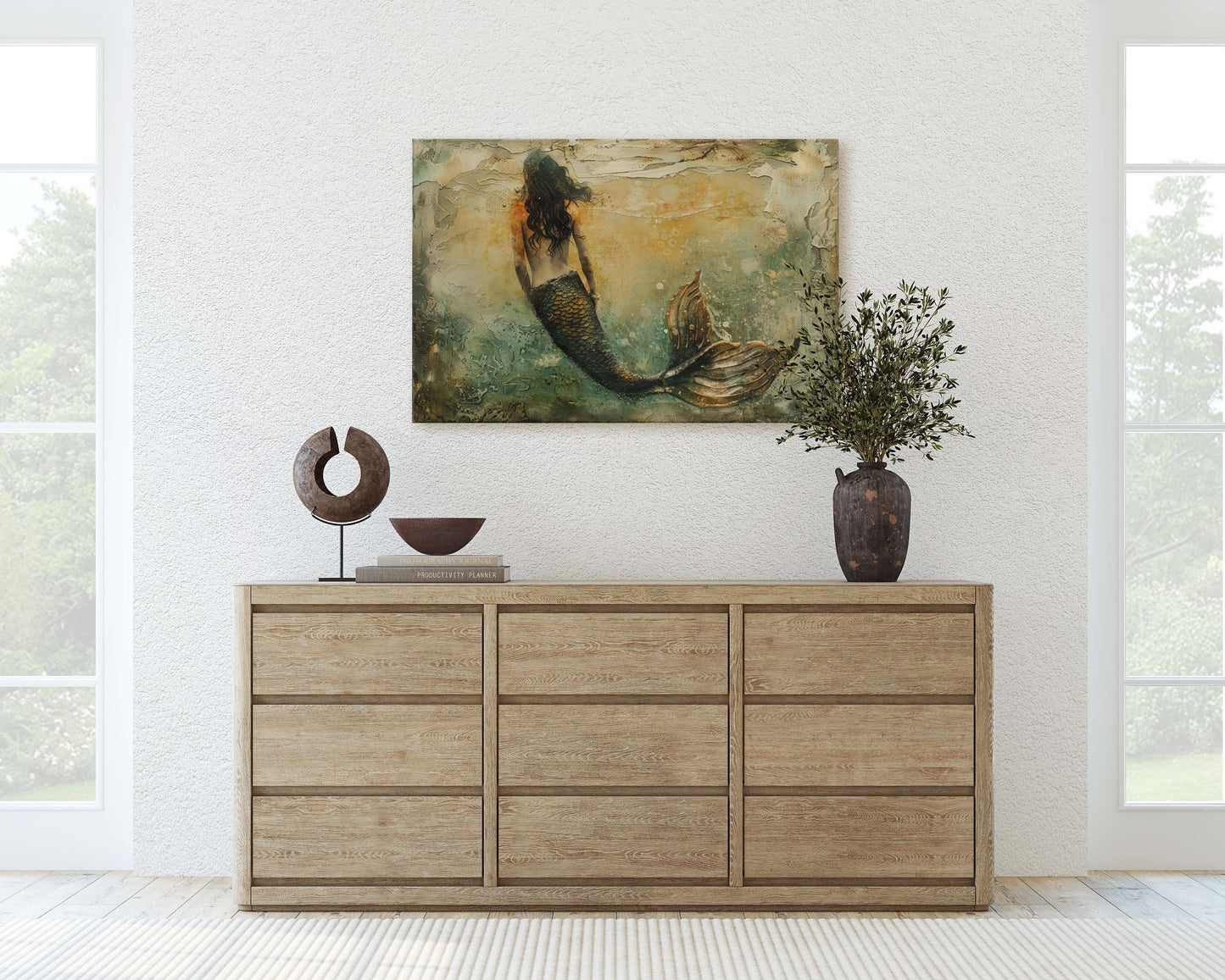 Mermaid Alone, Nautical Artwork, Ocean Decor, Mythical Creature, Fantasy Decor, Faux Metal, Framed Canvas, Extra Large Print