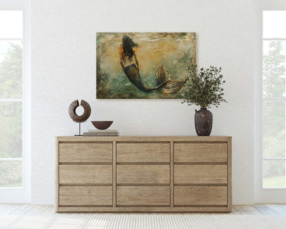 Mermaid Alone, Nautical Artwork, Ocean Decor, Mythical Creature, Fantasy Decor, Faux Metal, Framed Canvas, Extra Large Print