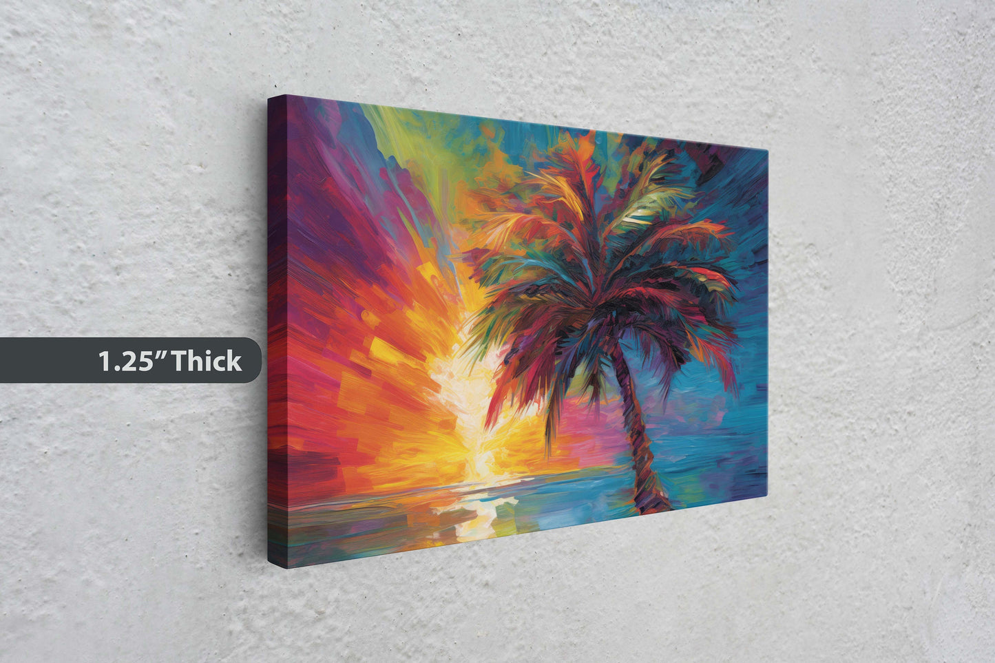 Modern Palm Tree on Canvas, Contemporary Art, Colorful Beach, Vivid Tree, Mid Century, Abstract Plant, Framed Canvas, Waterfront, Ocean