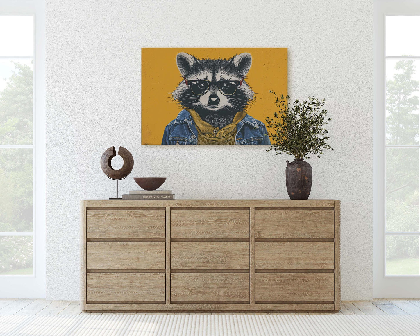 Hipster Racoon, Pop Art, Street Art, Graffiti Painting, Animal Sunglasses, Yellow, Fun Quirky, Large Art Print, Kids Room, Boys Room
