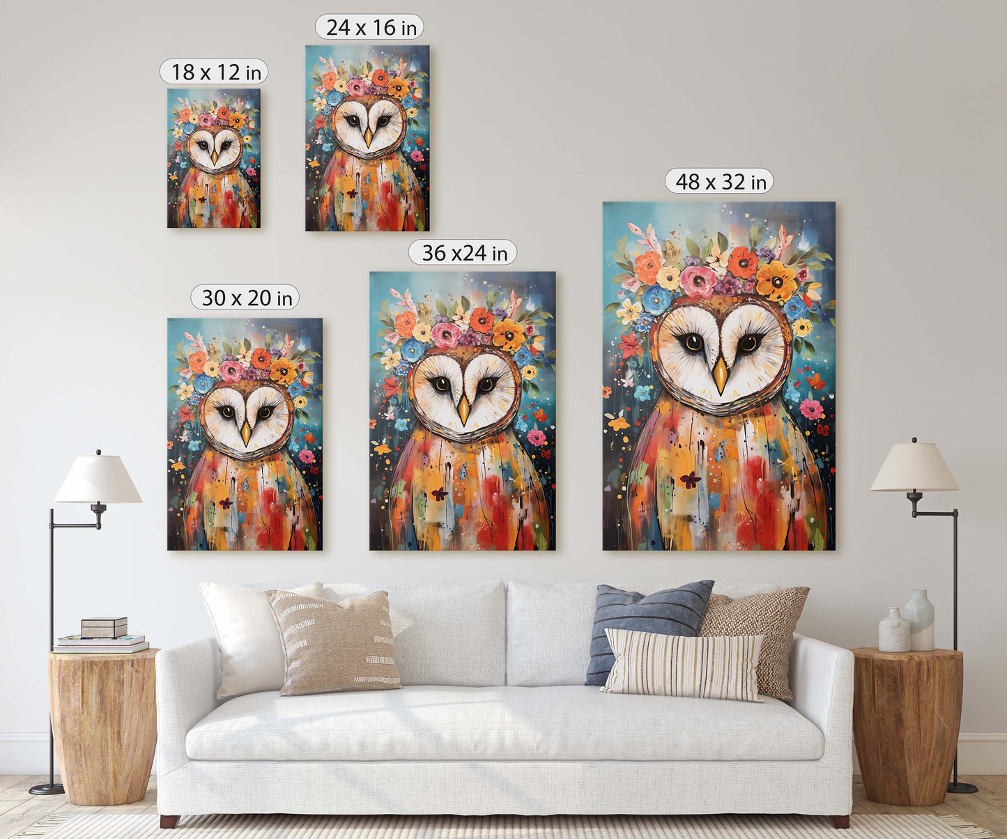 Owl Canvas Art, Modern Colorful, Contemporary Art, Ready To Hang, Large Print, Landscape Painting, Barn Owl