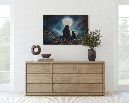 Girl and Cat Moon, Moonlit Night, Dreaming of Tomorrow, Halloween Art, Full Moon, Witch and Cat
