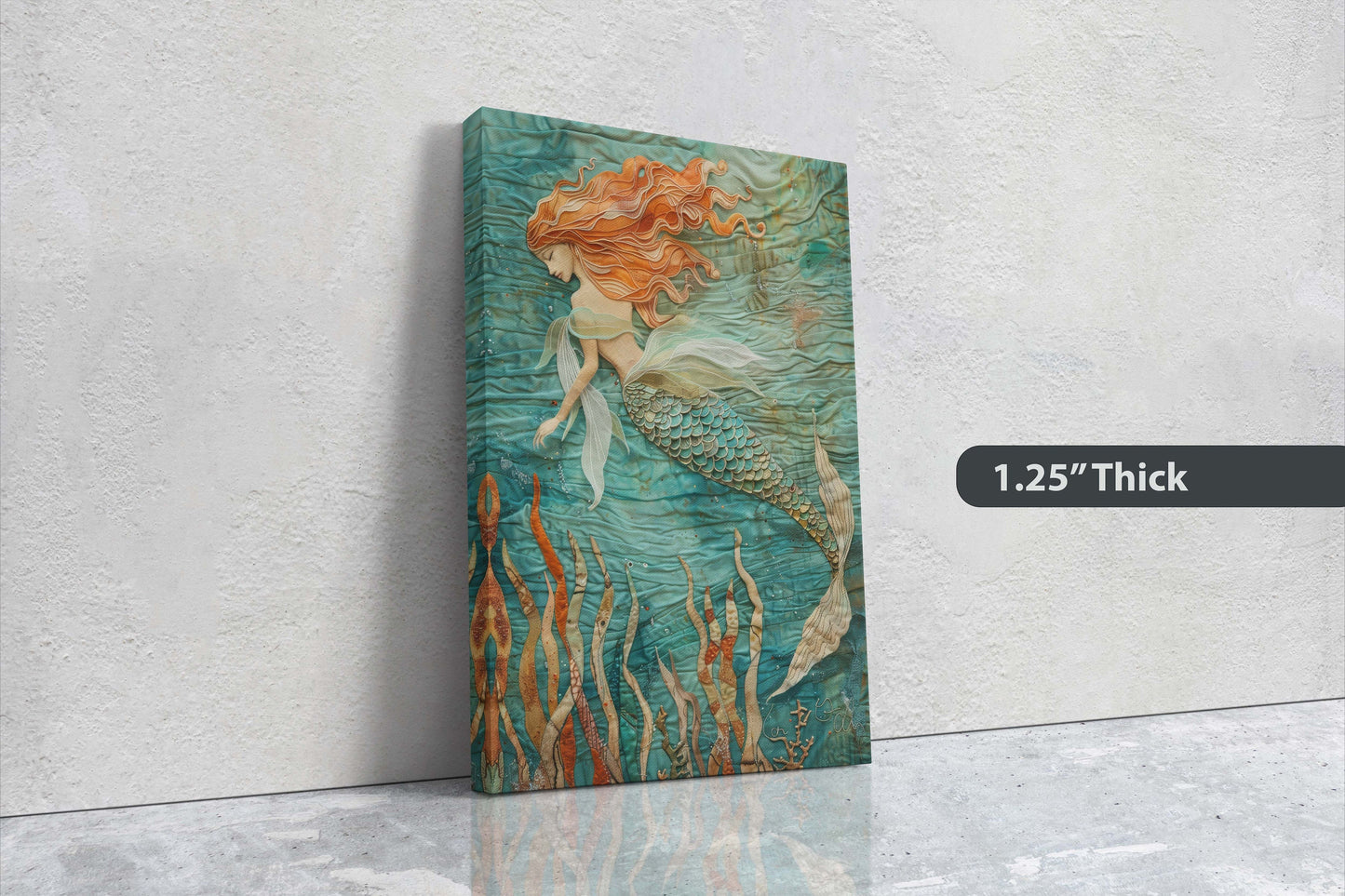 Mermaid in Garden, Nautical Artwork, Ocean Decor, Mythical Creature, Fantasy Decor, Faux Fabric, Framed Canvas, Extra Large Print