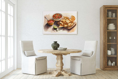 Chips and Salsa, Canvas Art, Ready To Hang, Large Print,  Colorful, Watercolor, Mexican food, Kitchen Art, Dining Room, Restaurant Art