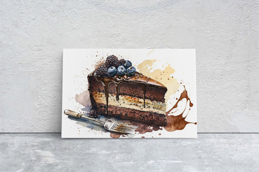 Watercolor Chocolate Cake, Dessert Art, Kitchen Wall Art, Dining Room Art Ready To Hang, Large Print, Restaurant Print, Bakery Decor