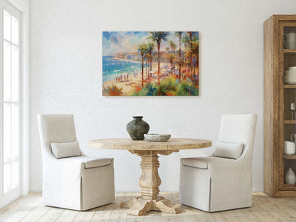 Watercolor Beach on Canvas, Beach Town, Ocean Resort, Tropical Vacation, Beach front, Water Sunset, Palm Trees, Blue Water