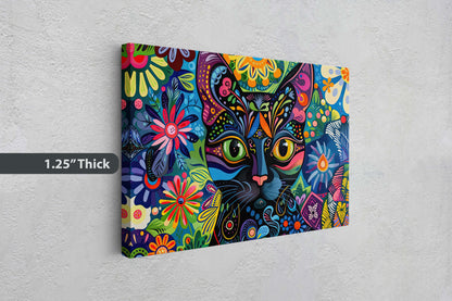 Whimsical Cat Art, Geometric Colorful, Abstract Cat, Pop Art, Large Art Print, Framed Canvas, Black Cat, Cat Lover, Animal Art
