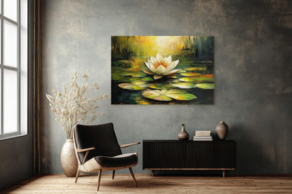 White Lotus Painting, Lily Pad Art, Green Lake, Nature Painting