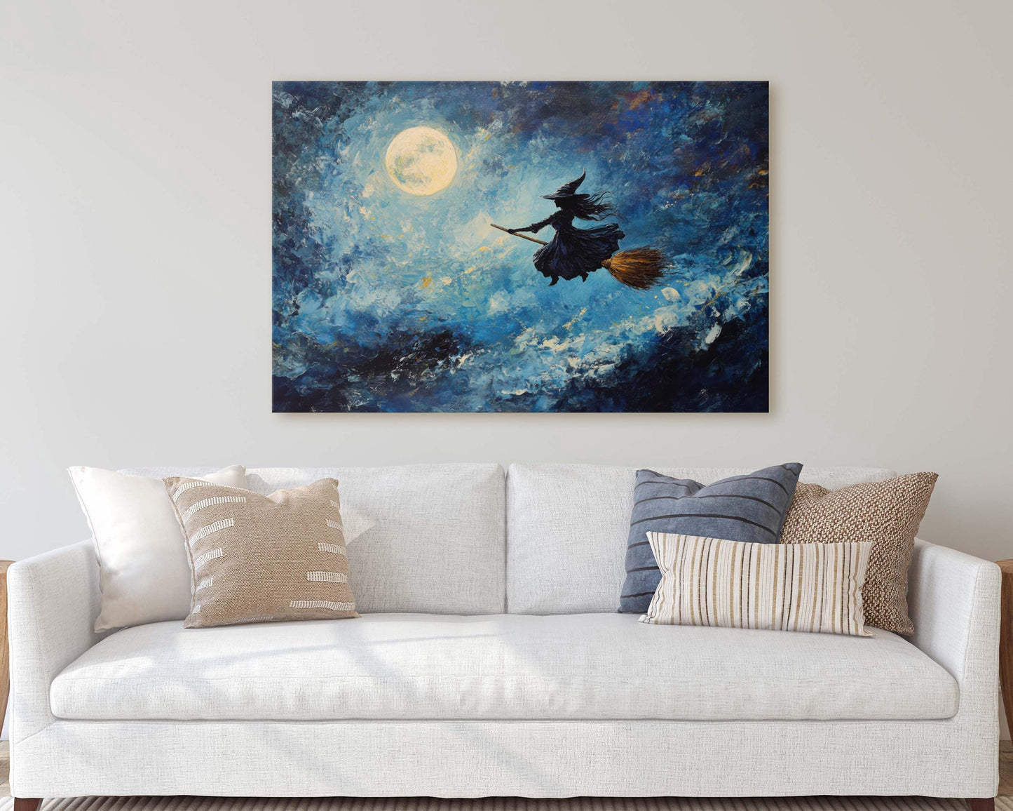Flying Witch, Witch on Broomstick, Whimsical Decor, Full Moon,Halloween Art, Star Sky, Cloudy