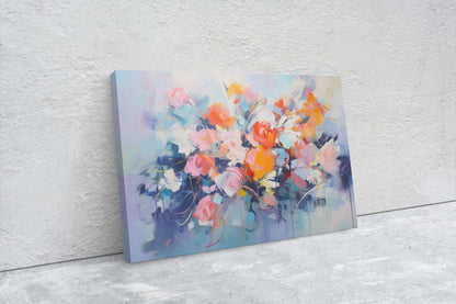 Abstract Floral Print, Flowers in Rain, Blue Canvas, Fine Art, Modern Artwork, Contemporary Print, Framed Canvas