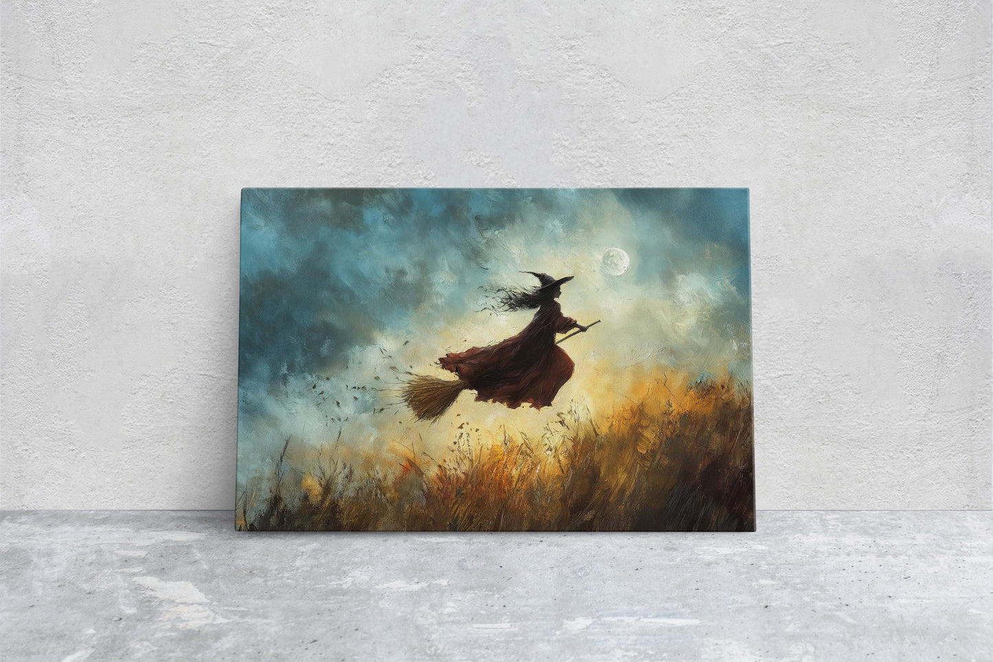 Flying Witch, Witch on Broomstick, Whimsical Decor, Full Moon,Halloween Art, Fall Harvest, Cloudy