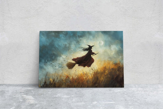 Flying Witch, Witch on Broomstick, Whimsical Decor, Full Moon,Halloween Art, Fall Harvest, Cloudy