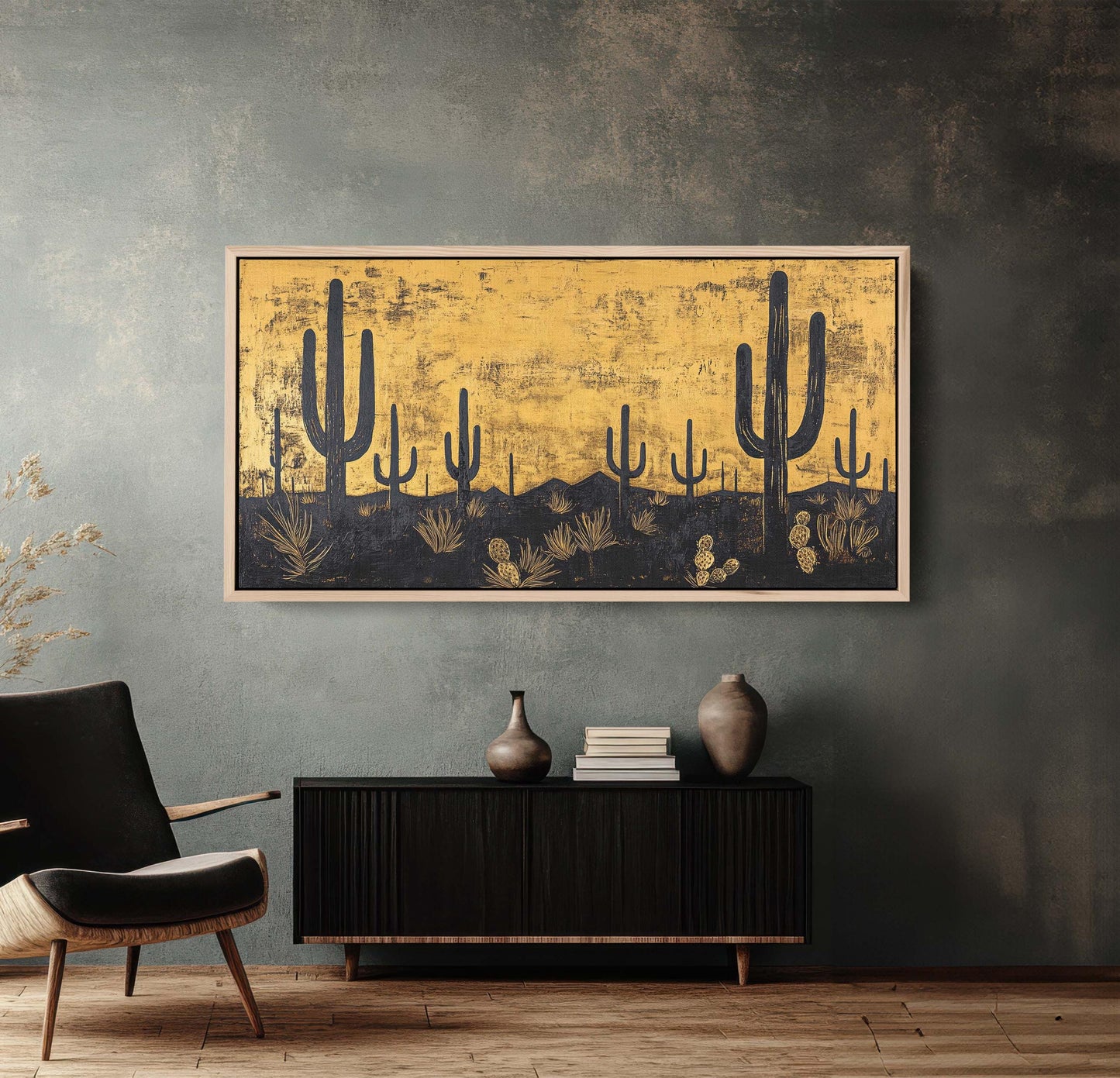Empty Desert Print, Black and Gold, Cactus Decor